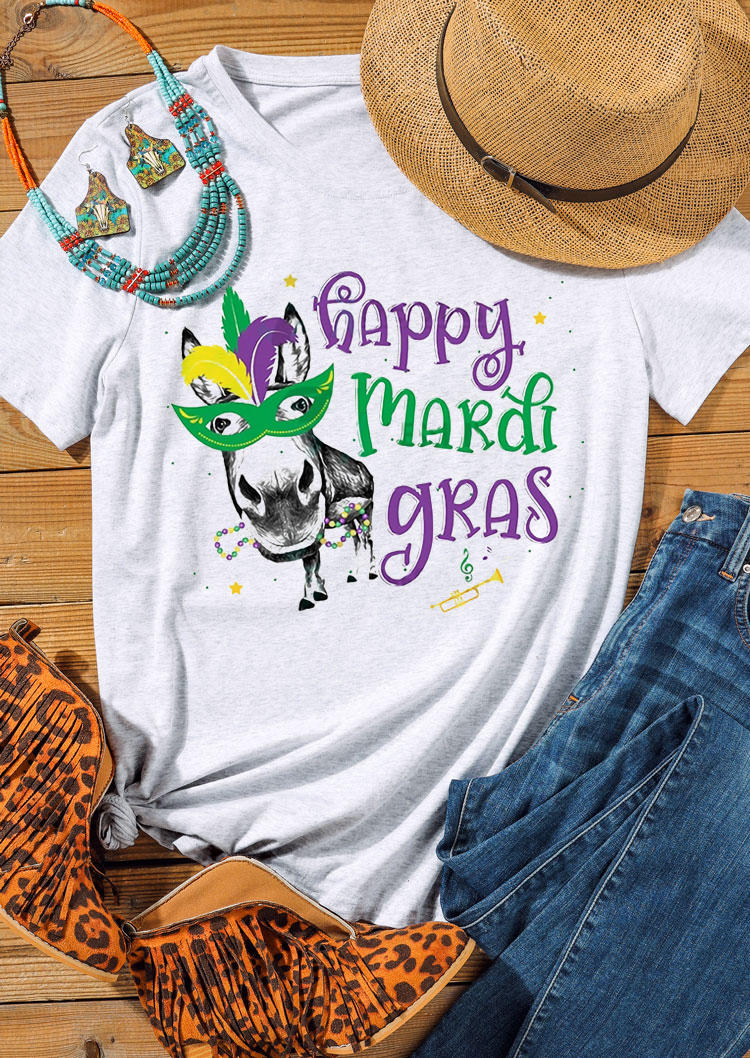 

Happy Mardi Gras O-Neck T-Shirt Tee - Light Grey, 529965