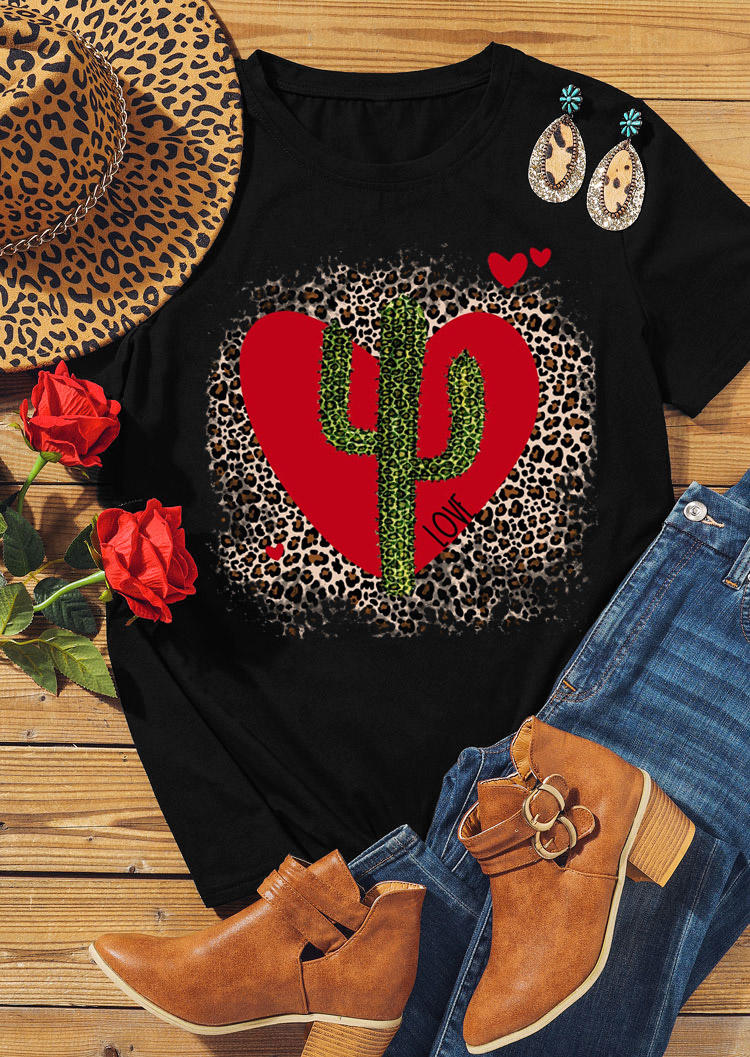 Cactus Leopard Love Heart T-Shirt Tee - Black