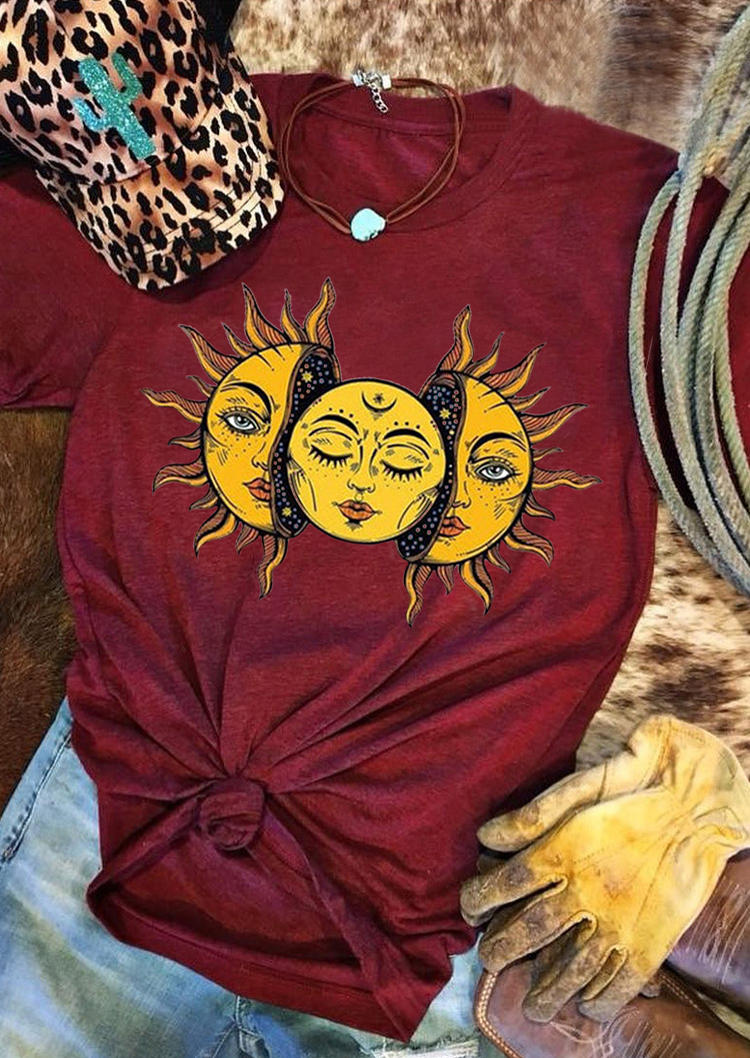 

Sun Moon O-Neck T-Shirt Tee - Burgundy, 529994