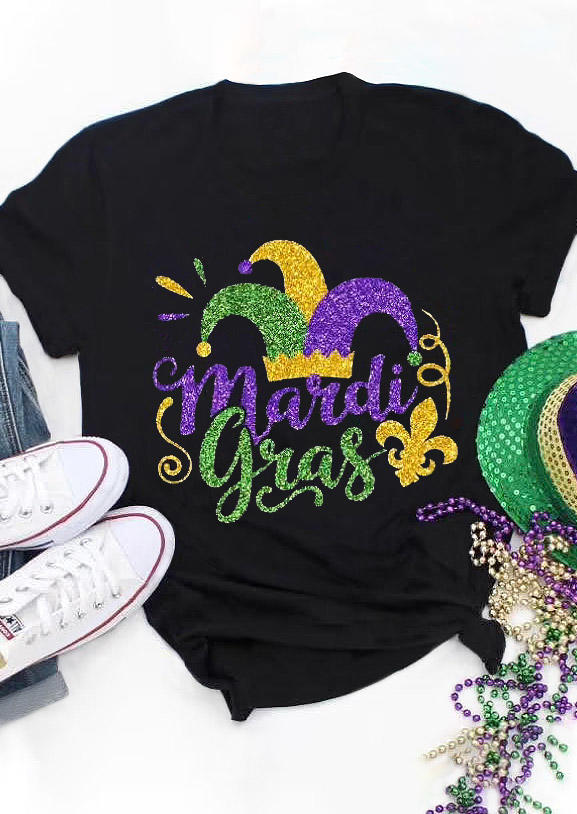 

Mardi Gras O-Neck T-Shirt Tee - Black, 530012