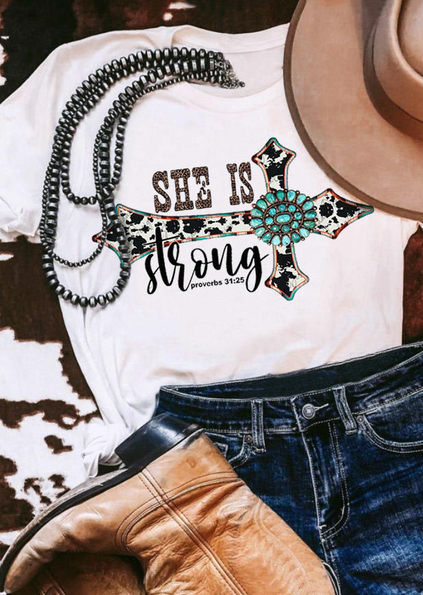 

She Is Strong Proverbs 31:25 Turquoise Cross T-Shirt Tee - White, 530026
