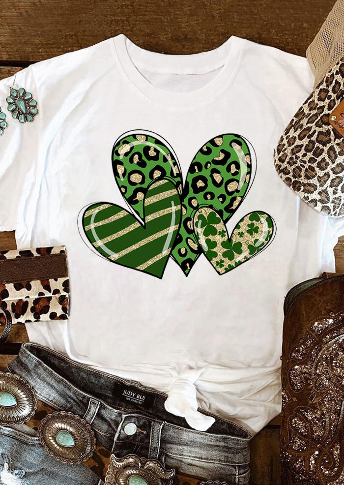 

St. Patrick's Day Leopard Striped Lucky Shamrock Heart T-Shirt Tee - White, 530195