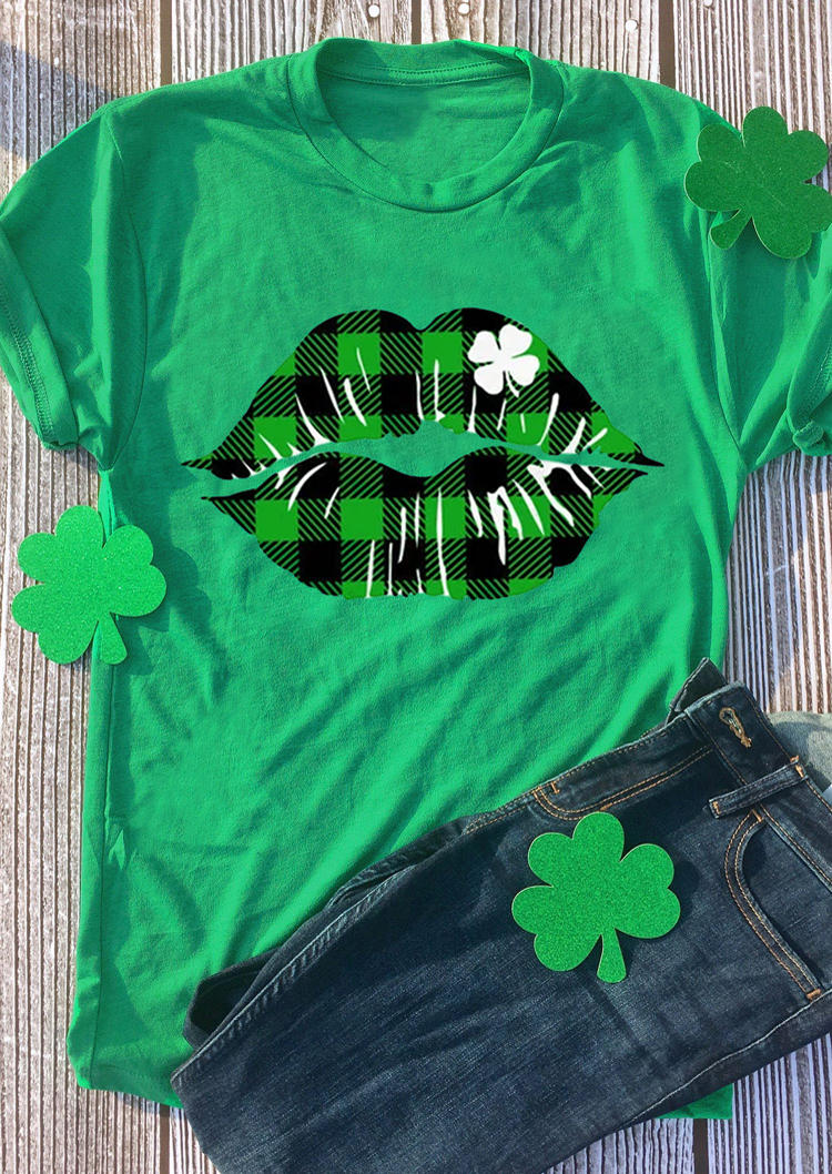 

St. Patrick's Day Plaid Lips Lucky Shamrock T-Shirt Tee - Green, 530197