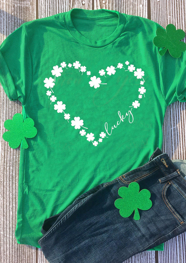 St. Patrick's Day Lucky Shamrock Heart T-Shirt Tee - Green
