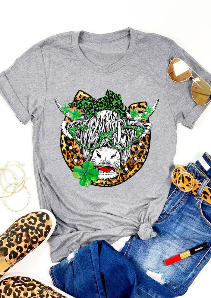 

St. Patrick' Day Leopard Cattle Lucky Shamrock T-Shirt Tee - Gray, 530201