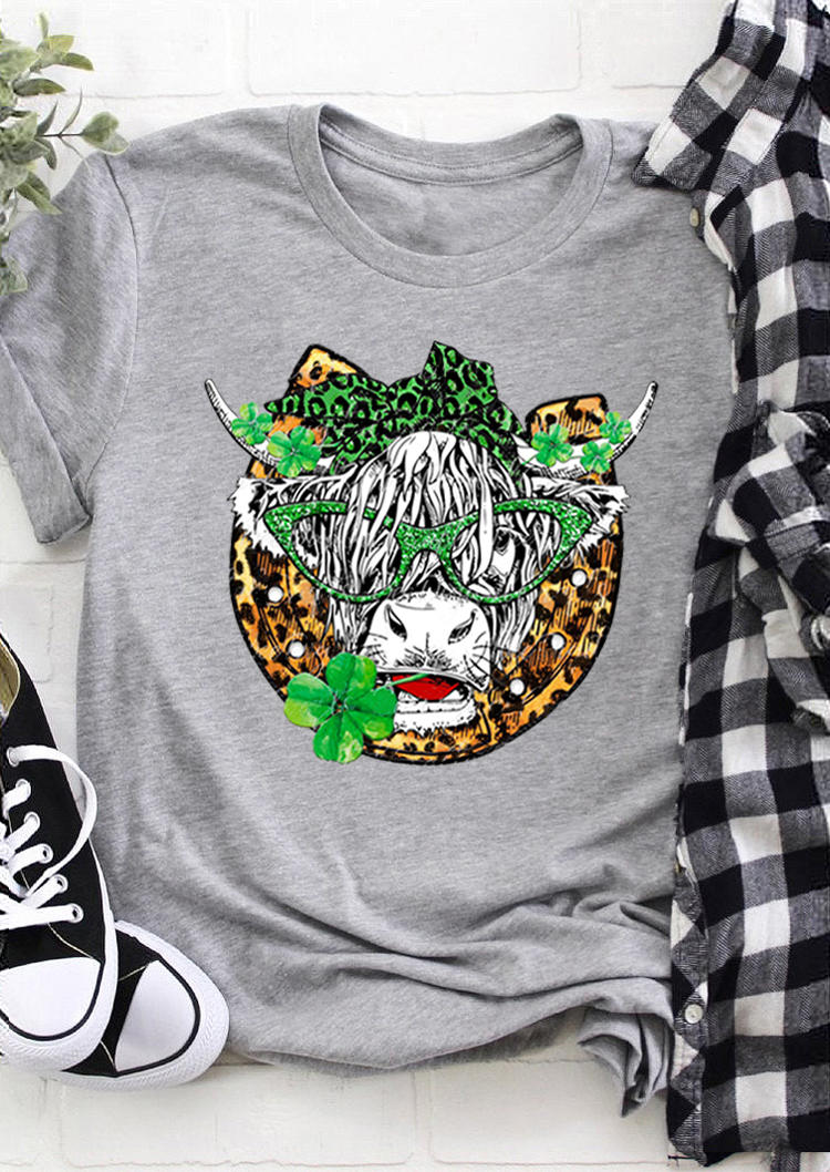 St. Patrick's Day Leopard Cattle Lucky Shamrock T-Shirt Tee - Gray