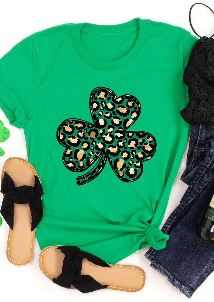 

St. Patrick's Day Leopard Shamrock T-Shirt Tee - Green, 530202