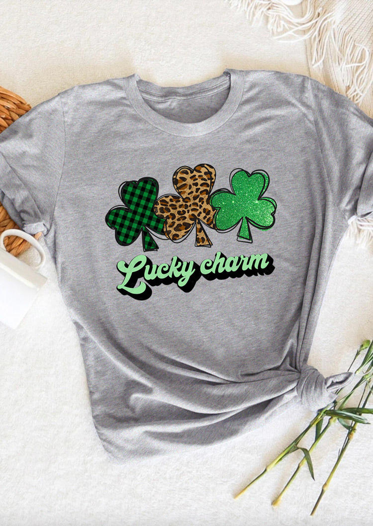 

St. Patrick' Day Leopard Plaid Lucky Charm T-Shirt Tee - Gray, 530206