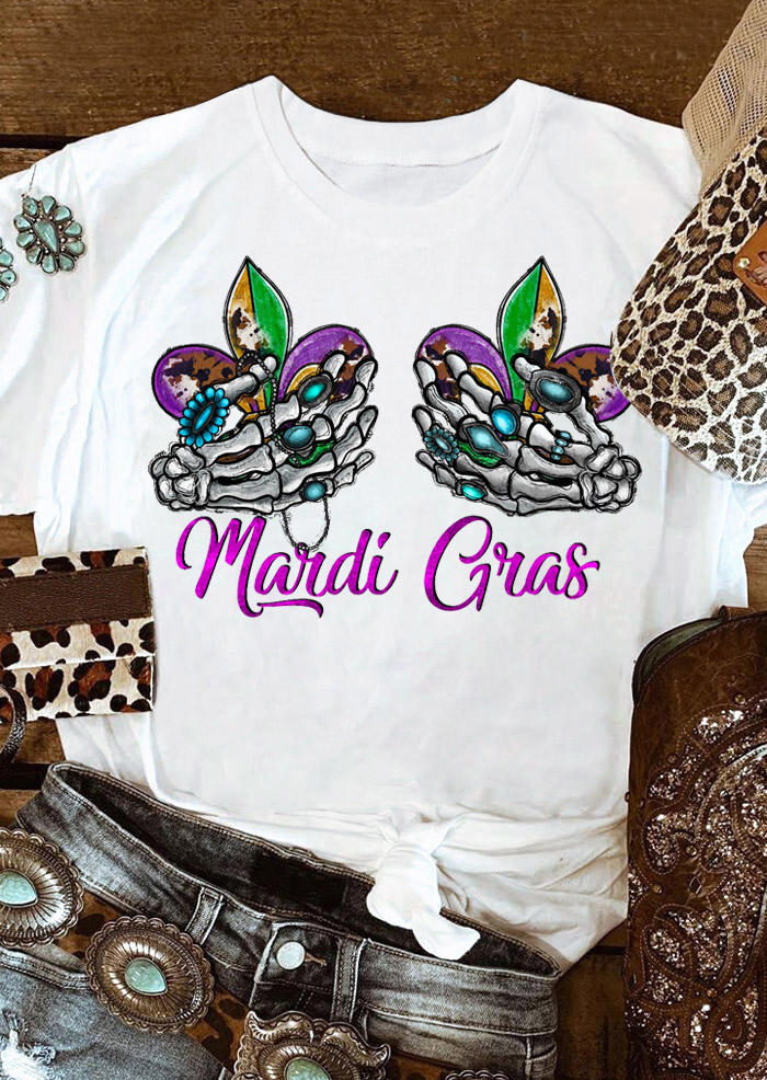 

Mardi Gras Turquoise Skeleton Hand T-Shirt Tee - White, 530207