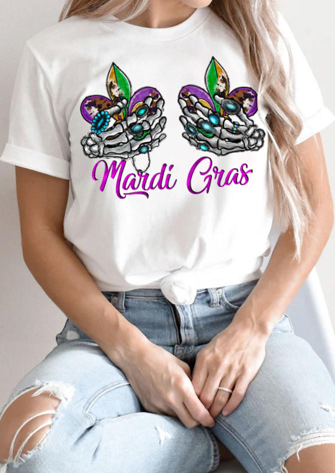 Kaufen Mardi Gras Turquoise Skeleton Hand T-Shirt Tee - White. Bild