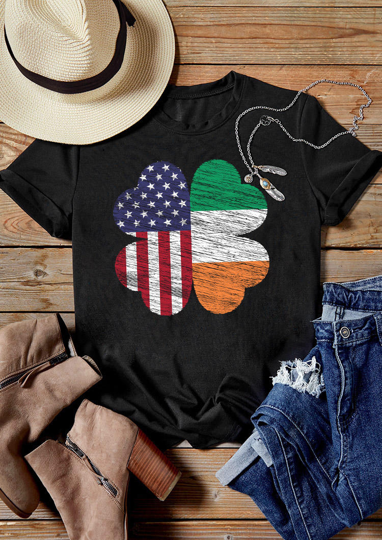 

St. Patrick' Day Lucky Shamrock American Flag T-Shirt Tee - Black, 530219