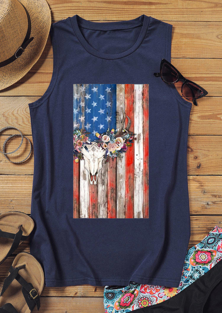 

Steer Skull American Flag Floral Tank - Navy Blue, 530220