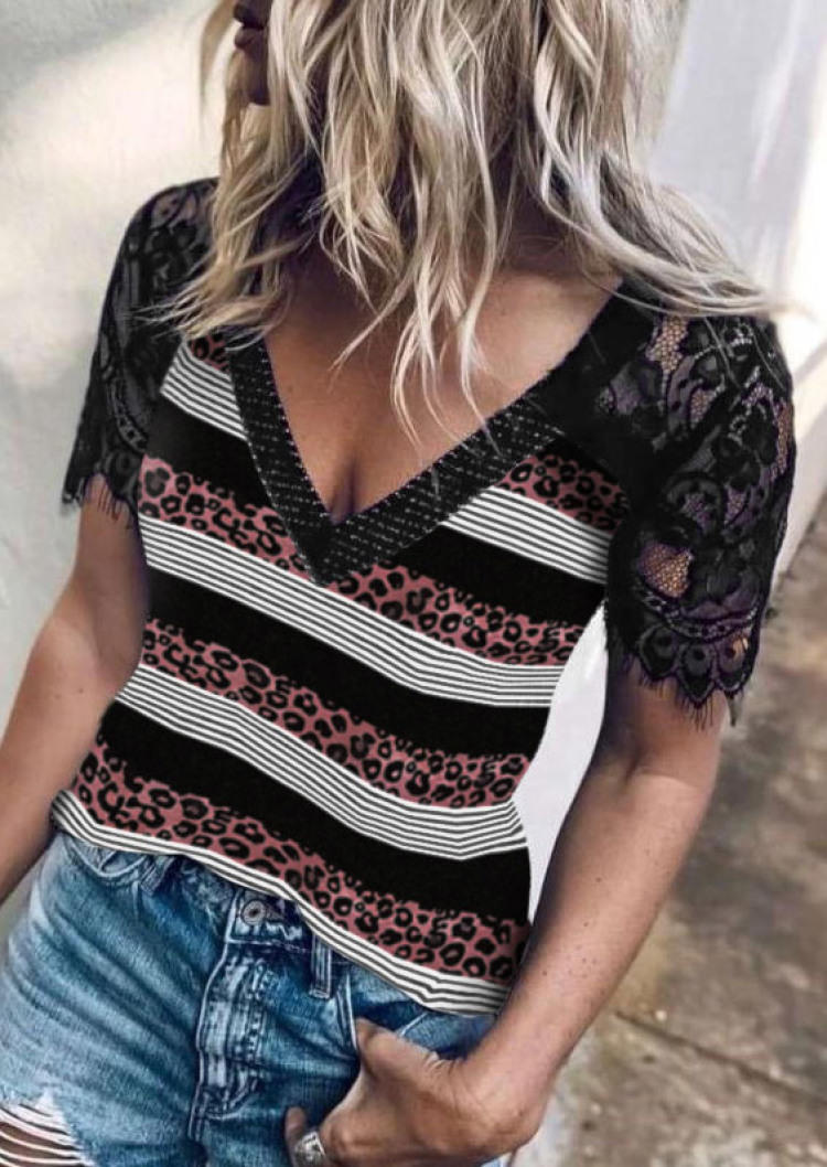 

Leopard Striped Lace Splicing V-Neck Blouse, Multicolor, SCM000218