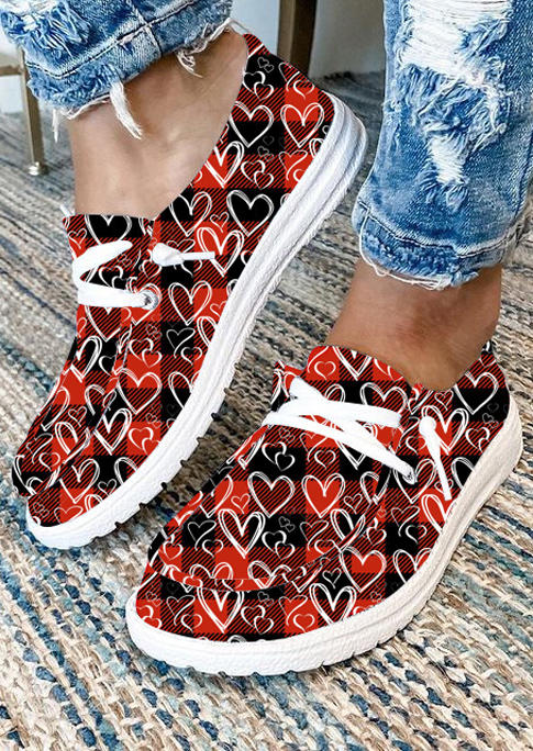 

Plaid Heart Lace Up Sneakers - Red, 524858