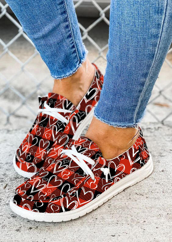 Plaid Heart Lace Up Sneakers - Red