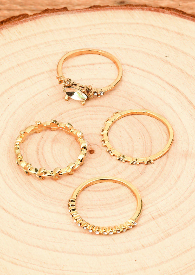 4Pcs Rhinestone Alloy Ring Set - Gold