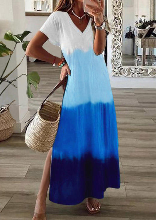 

Gradient Slit V-Neck Maxi Dress - Blue, 528599