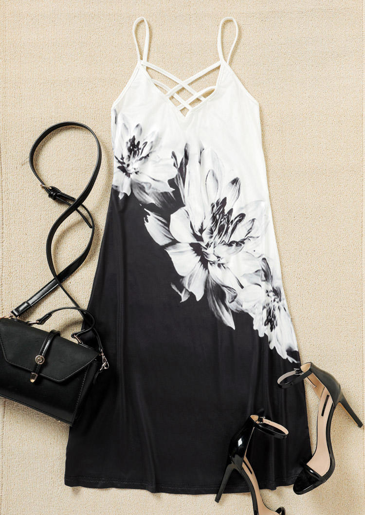 Buy Criss-Cross Floral Spaghetti Strap Mini Dress - Black. Picture