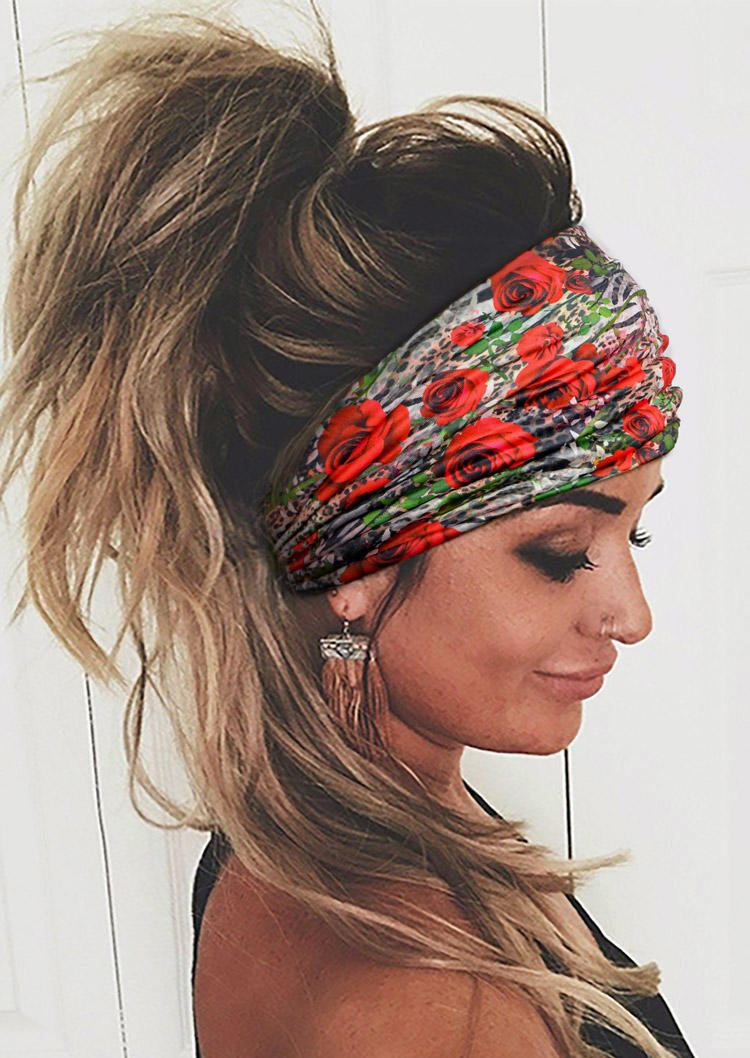 

Rose Leopard Elastic Sports Wide Headband - Red, 528786