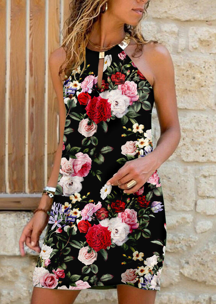 

Floral Keyhole Neck Halter Sleeveless Mini Dress, Multicolor, 529865