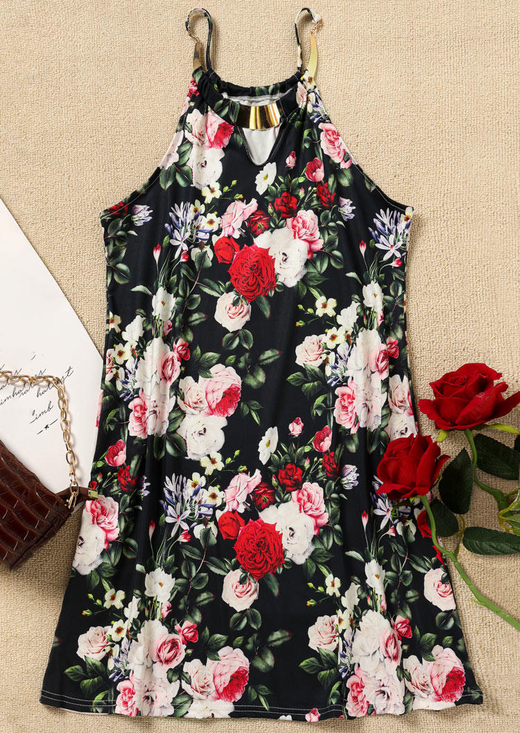 Floral Keyhole Neck Halter Sleeveless Mini Dress