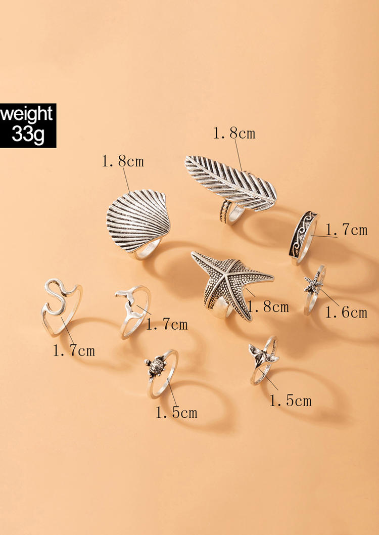 9Pcs Starfish Shell Feather Fish Tail Ring Set