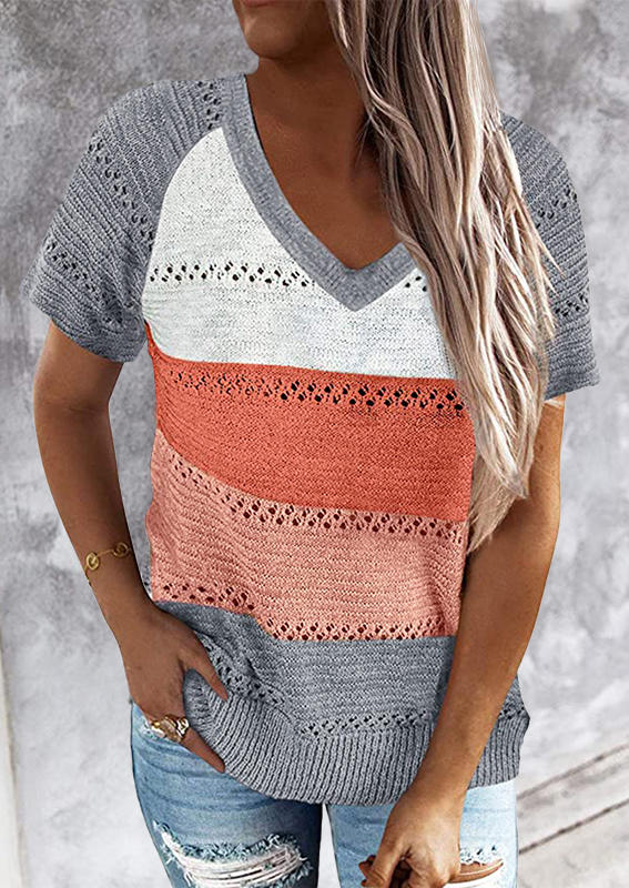 

Color Block Knitted V-Neck Blouse, Multicolor, 530163
