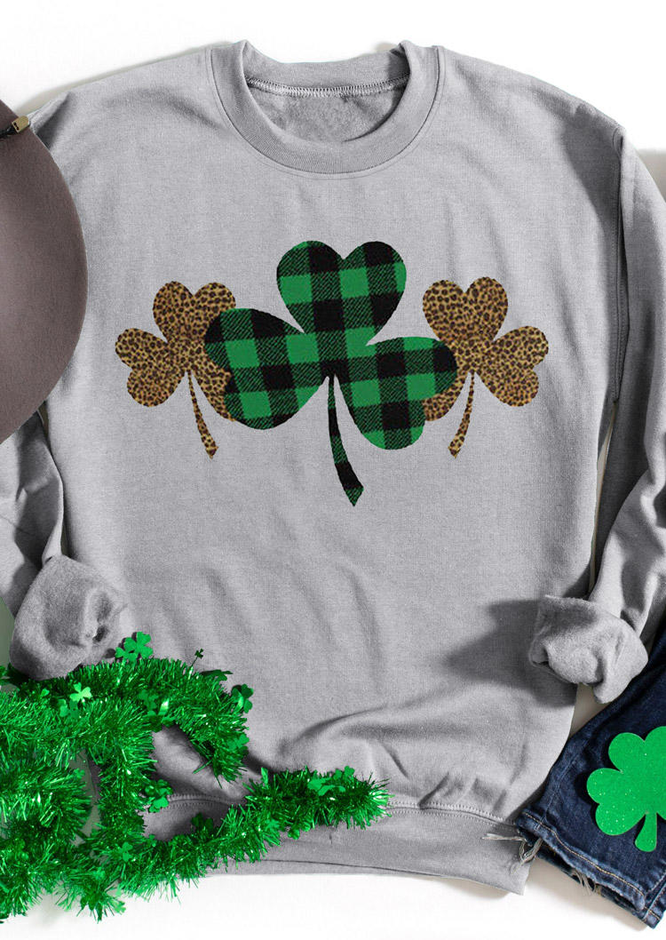 

St. Patrick' Day Lucky Shamrock Plaid Leopard T-Shirt Tee - Light Grey, 530386
