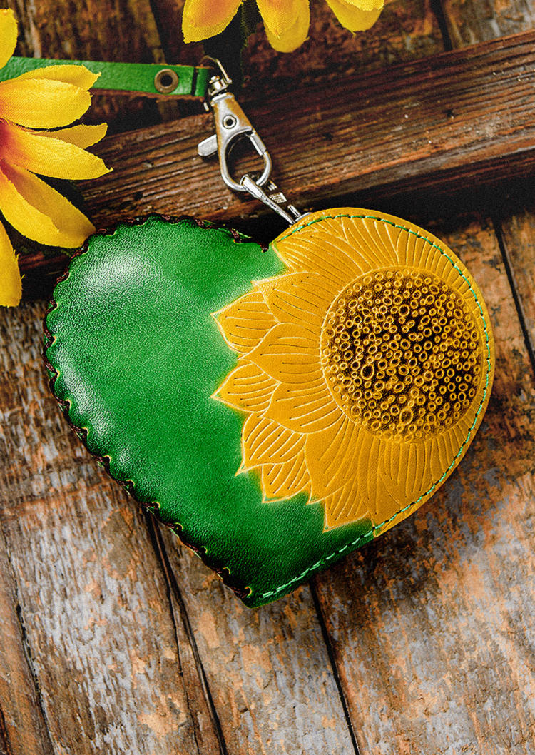 

Sunflower Heart Shape Zipper Leather Coin Purse, Green, 529565