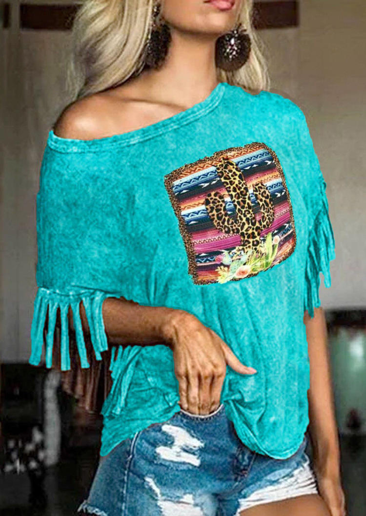 

Cactus Leopard Floral Tassel Blouse - Lake Blue, SCM000305