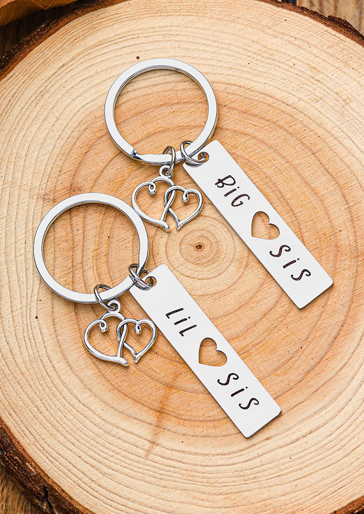 

2Pcs Big Sis Lil Sis Heart Keychain Set, Silver, 528749