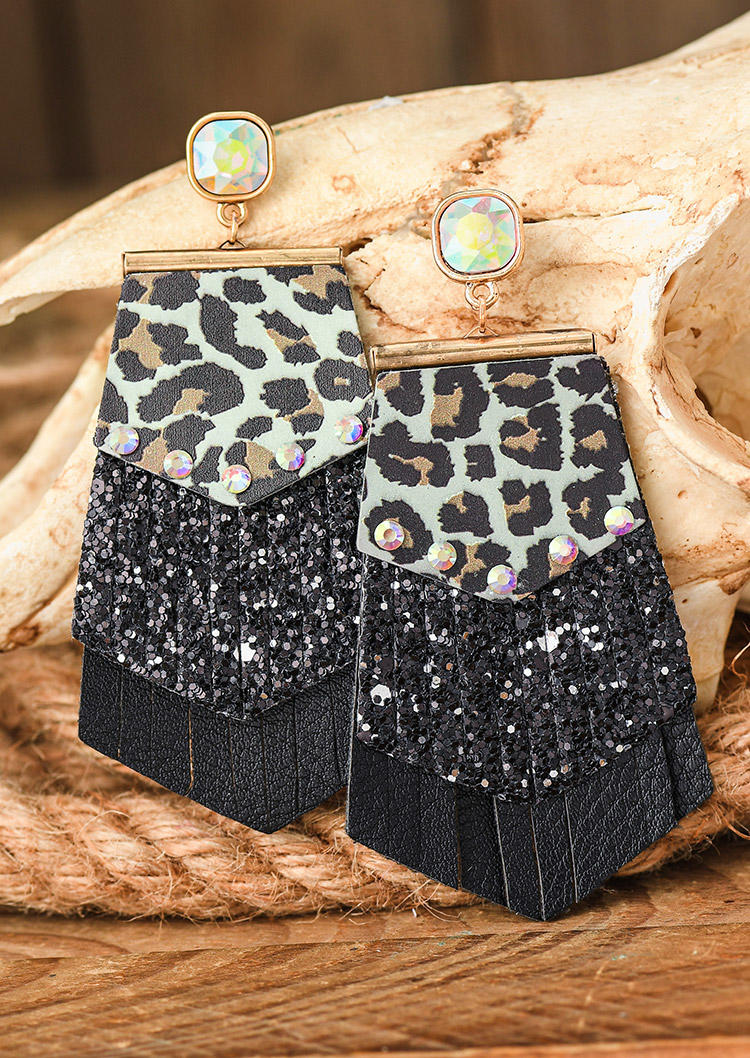 

Leopard Tassel Glitter Rhinestone Earrings, Black, 528780