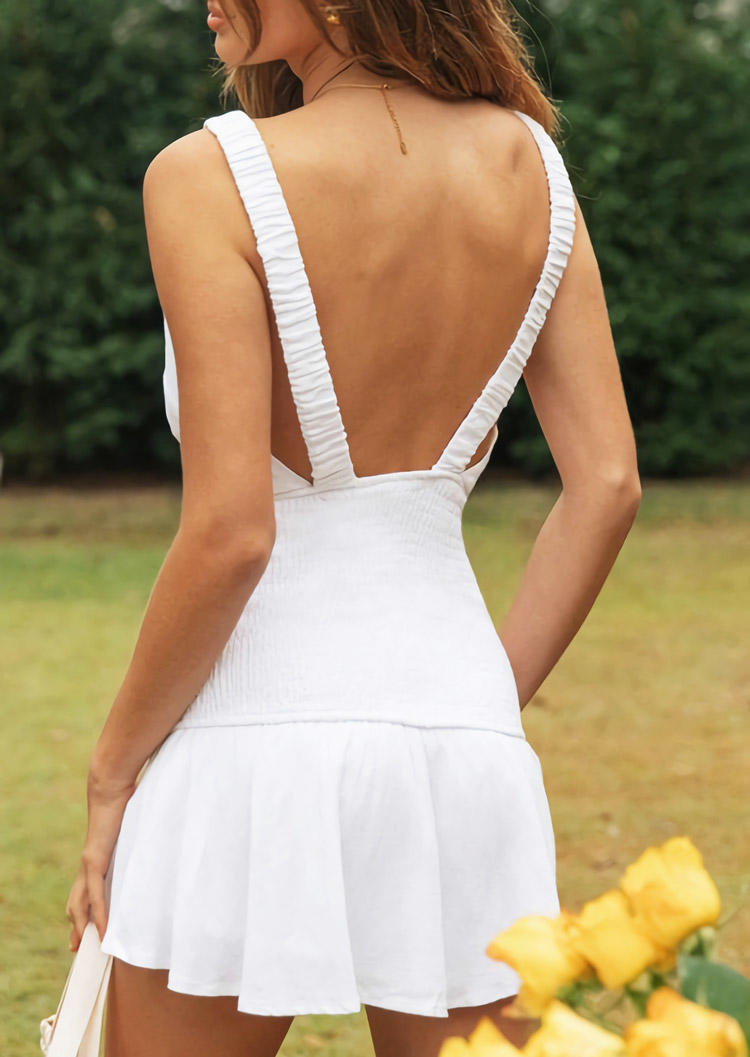 

Smocked Ruffled Open Back Mini Dress - White, 529942