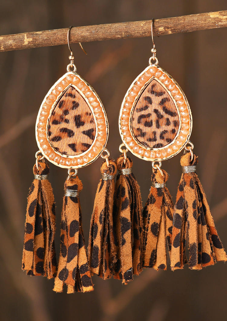 

Leopard Rhinestone Tassel Earrings, 528778