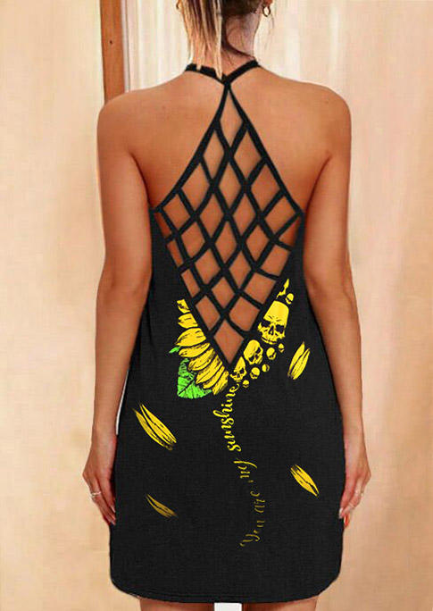 

You Are My Sunshine Sunflower Skull Criss-Cross Mini Dress - Black, 528907