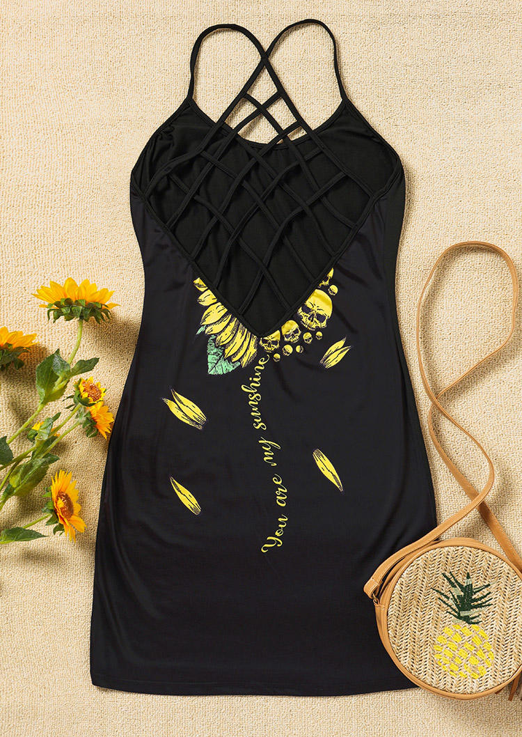 You Are My Sunshine Sunflower Skull Criss-Cross Mini Dress - Black