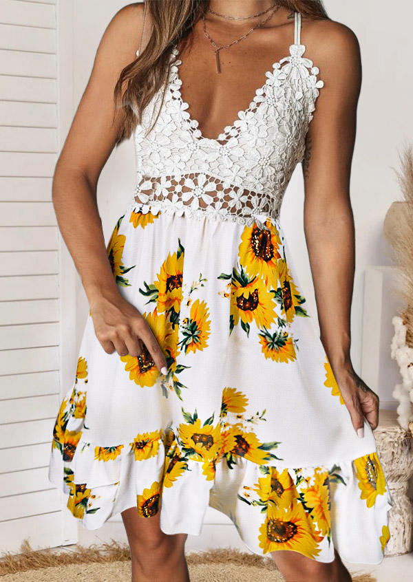 Lace Sunflower Splicing Open Back Mini Dress - White