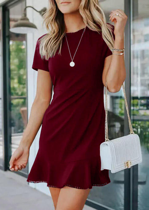 Pom Pom Trim Ruffled Mini Dress - Burgundy