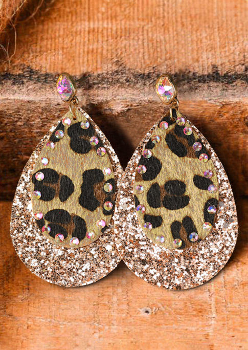 Leopard Rhinestone Glitter Water Drop Earrings