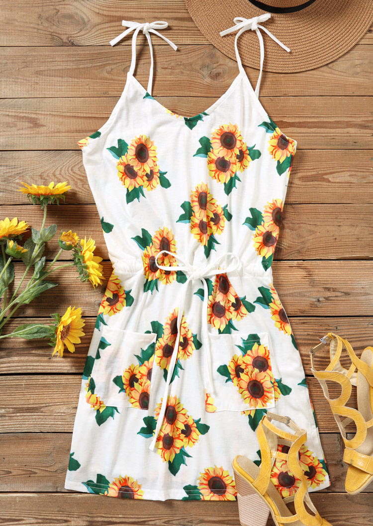 Sunflower Pocket Drawstring Mini Dress - White