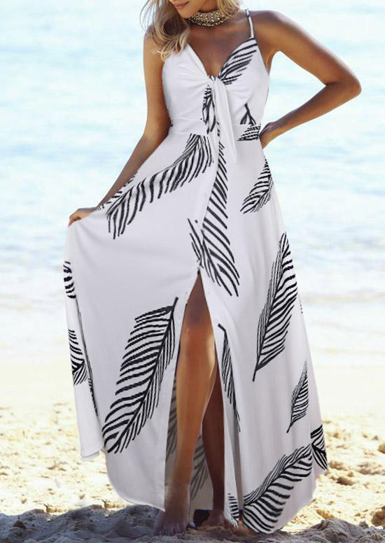 

Palm Leaf Button Tie Spaghetti Strap Maxi Dress - White, 528703