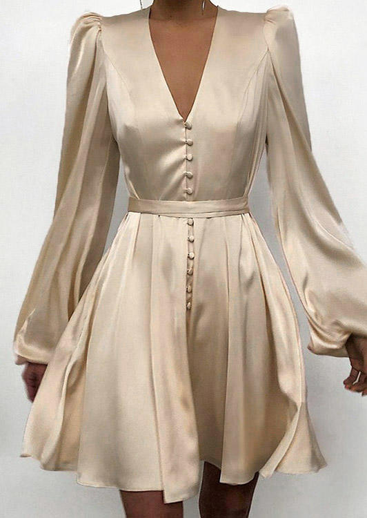 

Button Lantern Long Sleeve V-Neck Mini Dress - Khaki, 529221