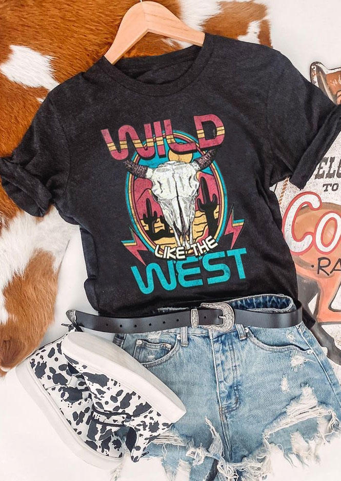 

Wild Like The West Steer Skull Cactus T-Shirt Tee - Dark Grey, 530630