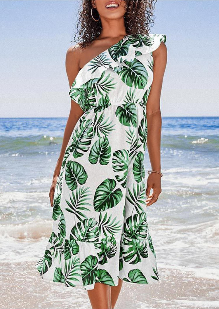 

Palm Leaf Ruffled One Shoulder Midi Dress - Green, SCM000350