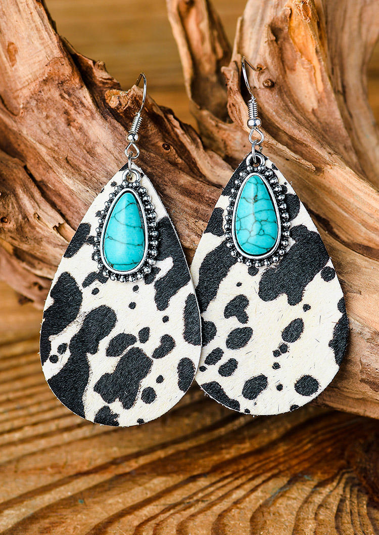 Leopard Cow Turquoise Dual-Layered Water Drop Earrings