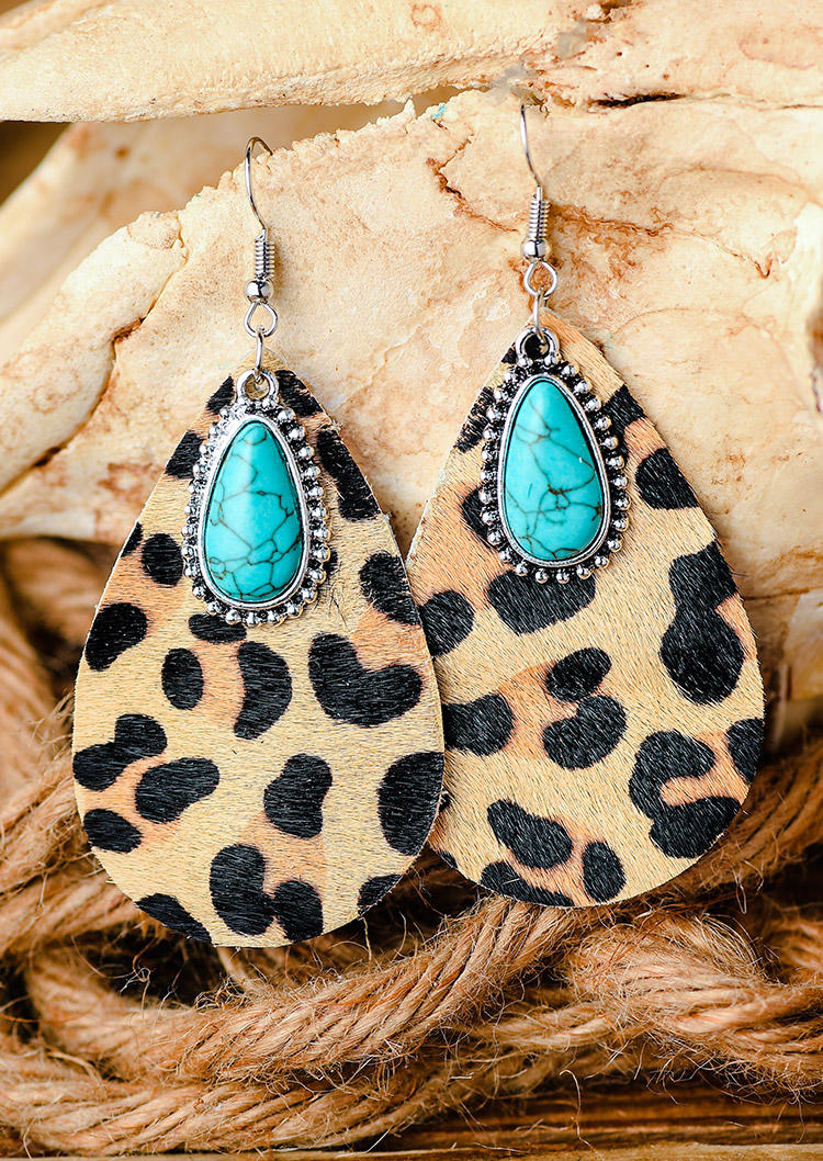 

Leopard Cow Turquoise Dual-Layered Water Drop Earrings, 530620
