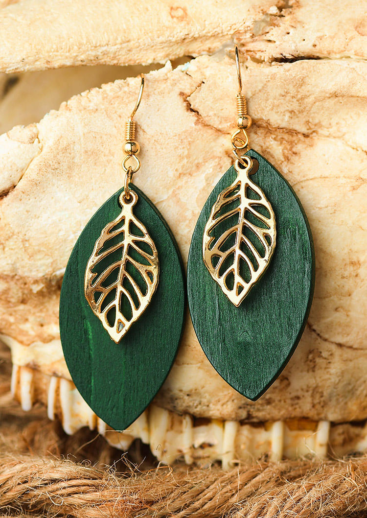 

Hollow Out Leaf Dual-Layered Earrings, Green, 530623