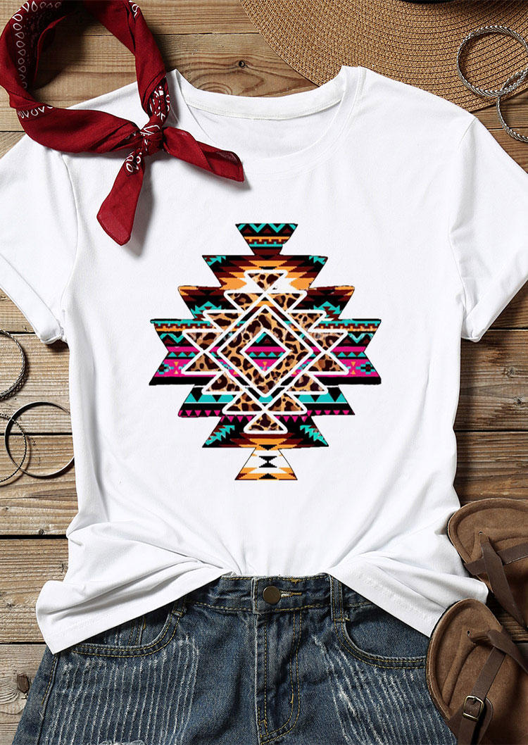 

Aztec Geometric Leopard T-Shirt Tee - White, 530655