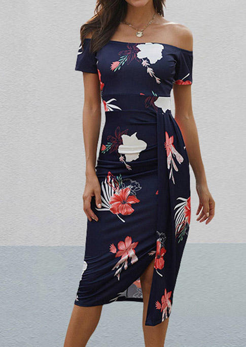 

Floral Slit Off Shoulder Bodycon Dress - Navy Blue, 530615
