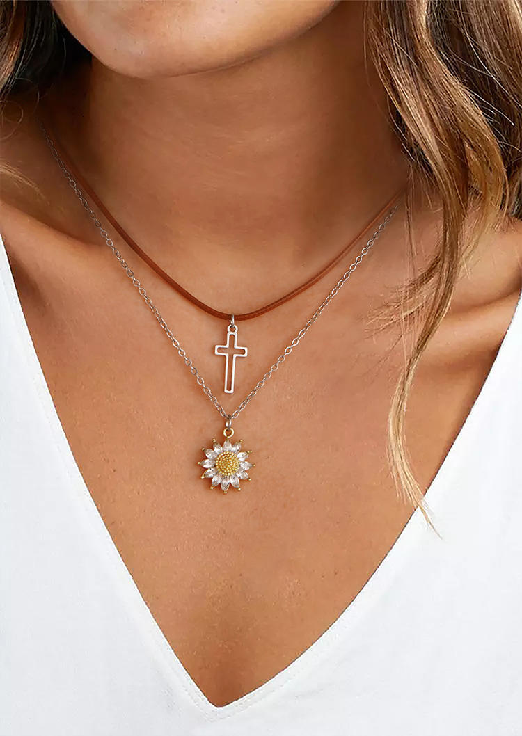 

2Pcs Sunflower Leaf Cross Necklace Set, Pattern2, 530667